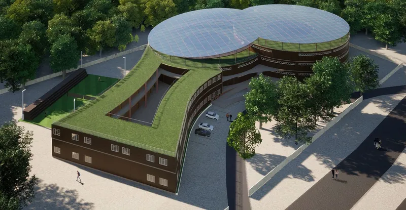 Green-roofed school embracing sustainable design.