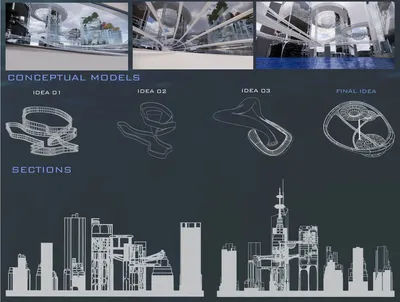 This architectural image presents a design concept through conceptual models and sections. It showca