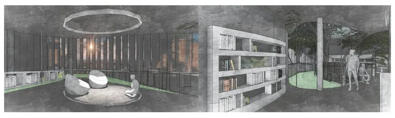 Contemplative serenity meets modernist architectural elegance.