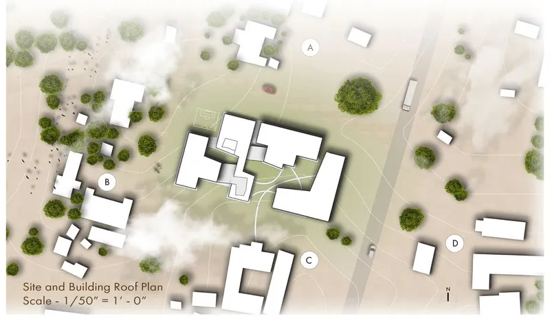 Aerial blueprint: connectivity weaving through urban greenery.