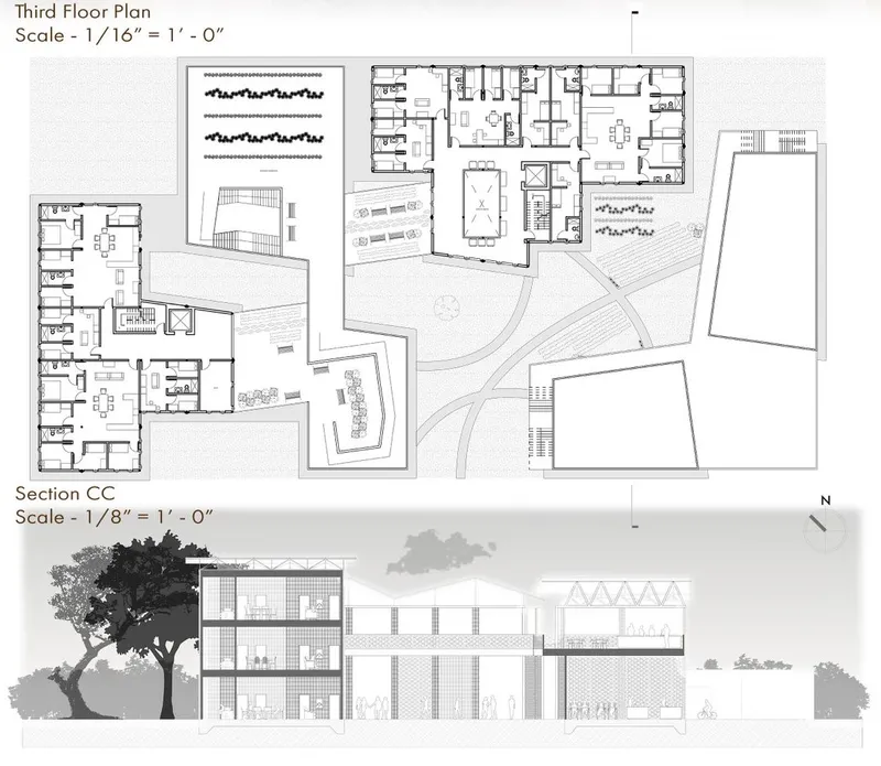 Elevated living: Third floor plan and cross-section synergy.