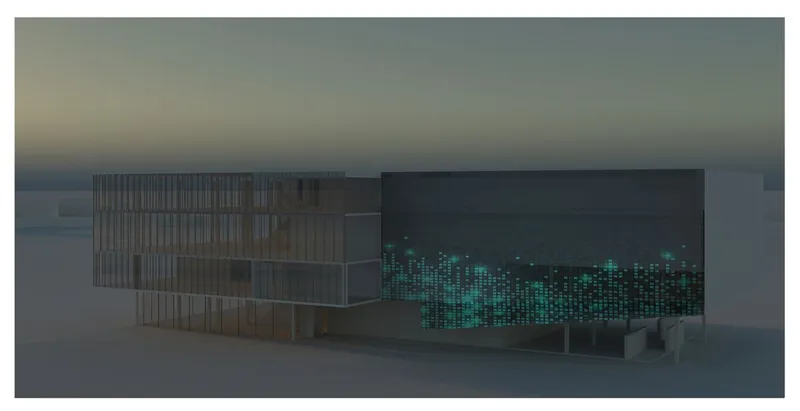 Dynamic facade lighting up the architectural silhouette at dusk.