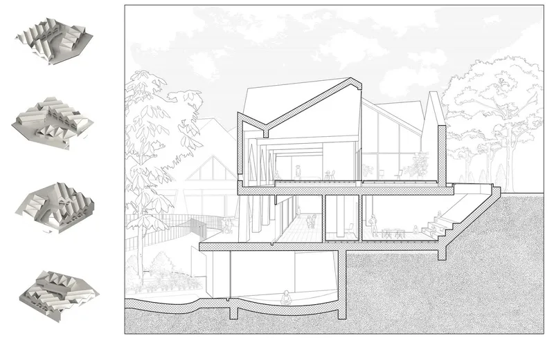 Cross-section of Brutalist design blending with natural elements.