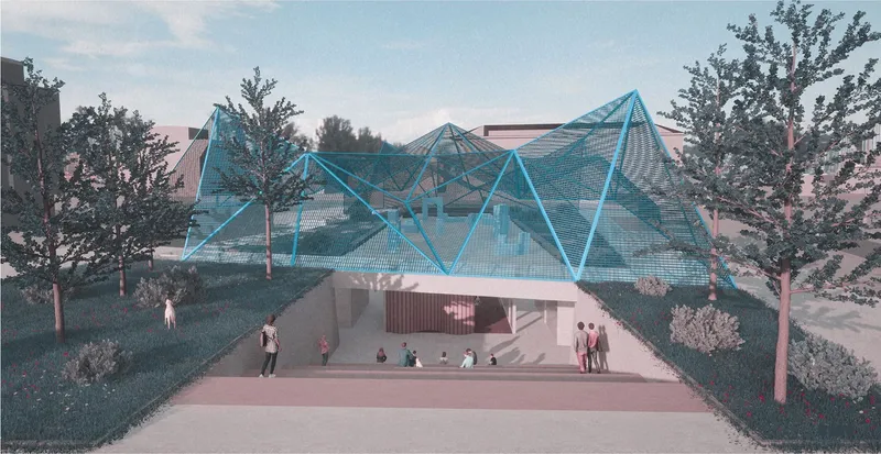 Fusion of nature and modern music cultural center design.