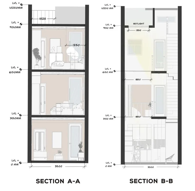 Vertical Sections: Modern Home with Natural Light Integration