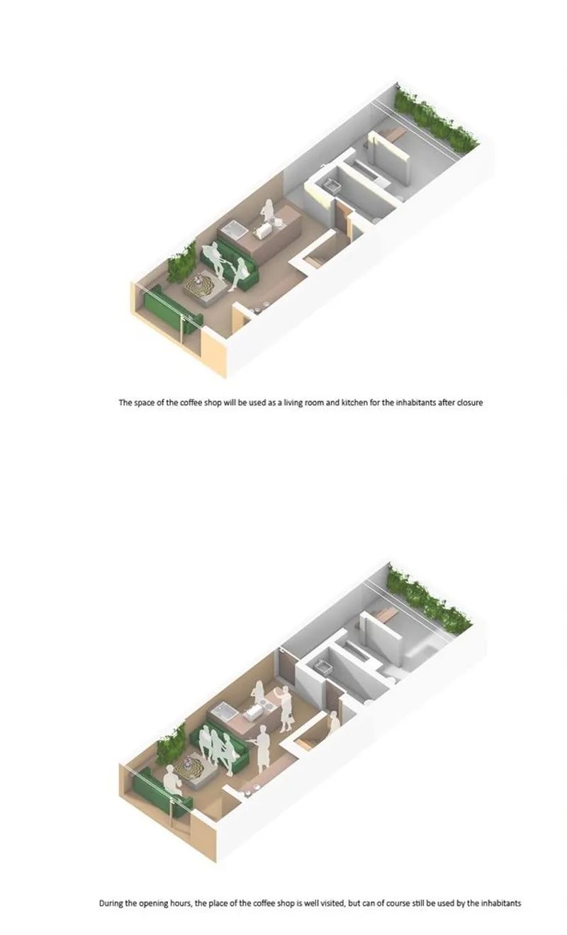 Dual-purpose space: Coffee shop by day, home by night.