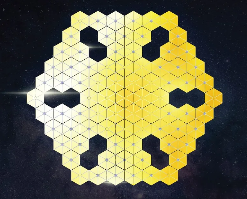 Hexagonal space structure glimmers against the cosmic backdrop.