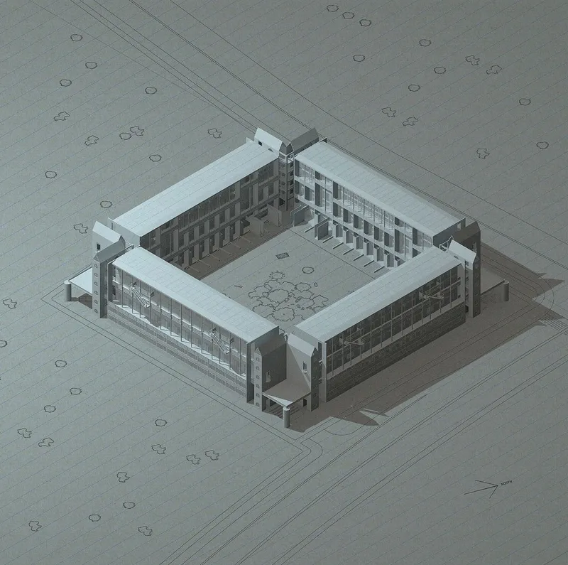 Architectural symmetry encloses a serene communal heart.