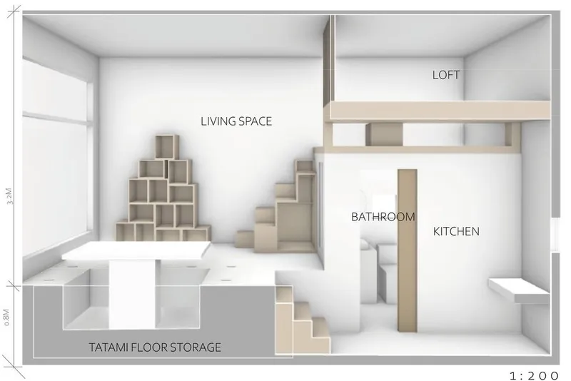 Efficient loft living with a modern minimalist twist.