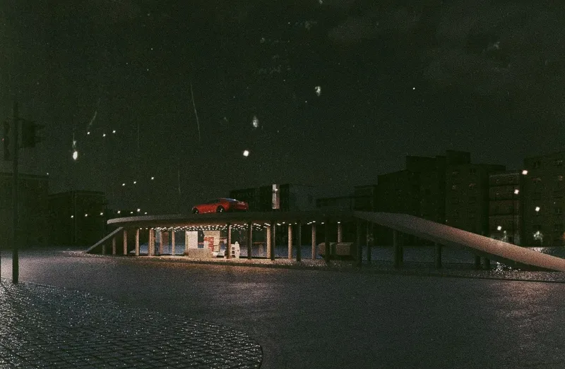 Night falls on a futuristic transit hub.
