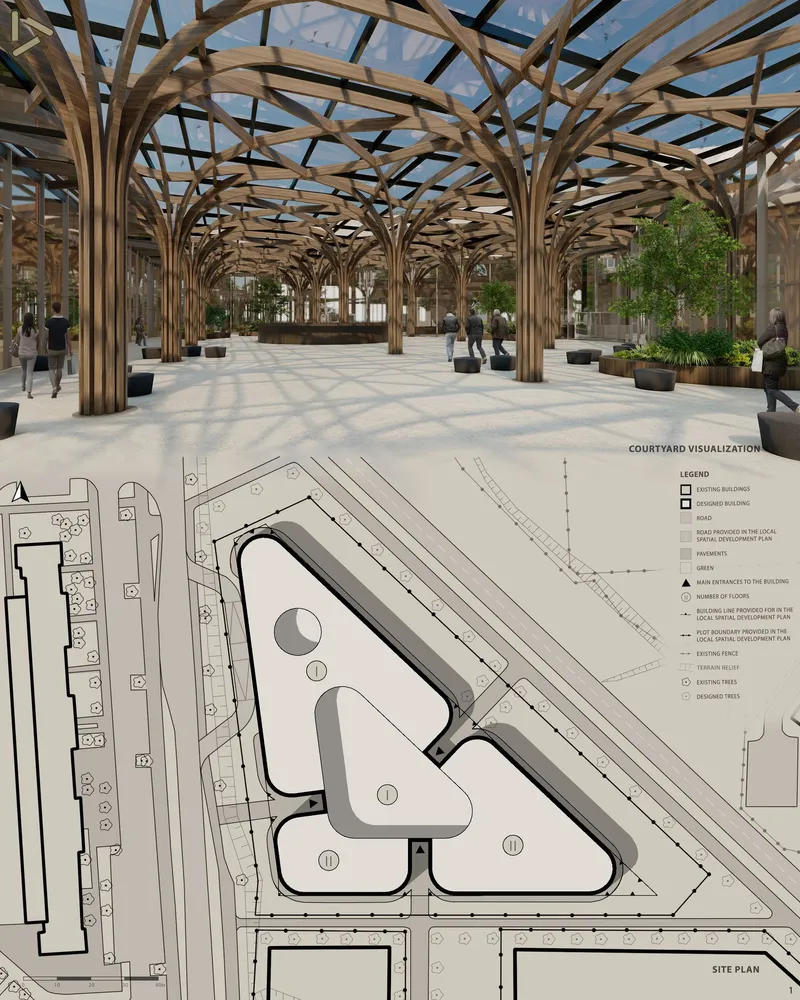 Courtyard canopy: Harmony of timber and light.