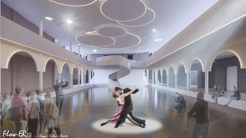Dancers illuminate the FLOW-ER Dance Center's elegant interior.