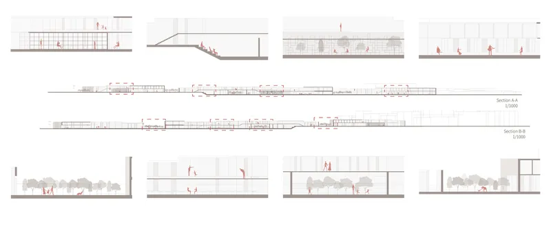 Architectural sections depicting a library’s spatial narrative.