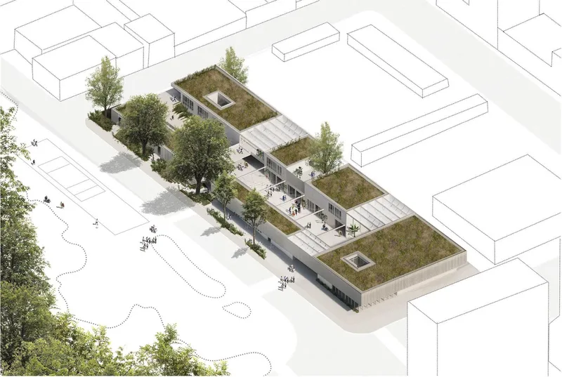 Green-roofed haven harmonizes with urban flow.