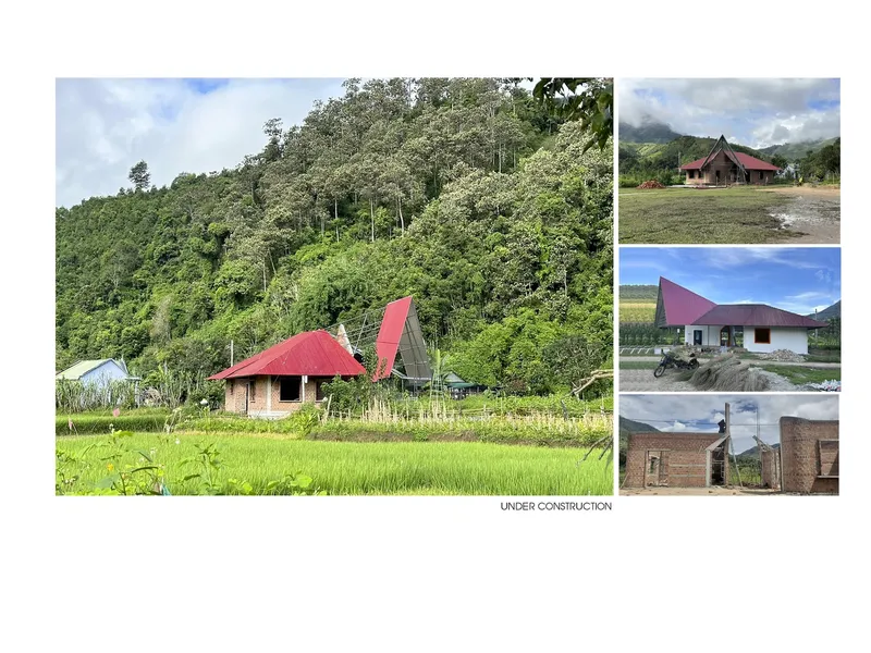 Composite view of pitched-roof buildings with red metal roofs set against forested hillsides and rice paddies