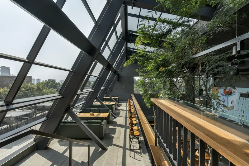 Upper level terrace with diagonal steel frame structure supporting glass panels and planted greenery overhead