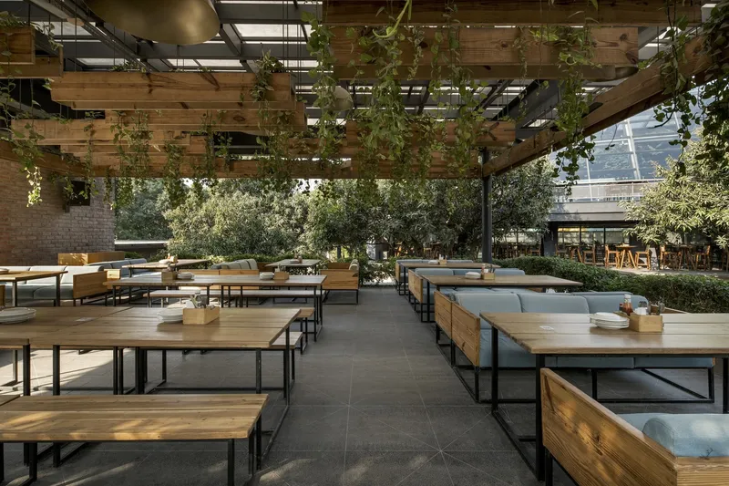 Seating area with timber benches and cushioned banquettes beneath a slatted wood pergola and mature trees