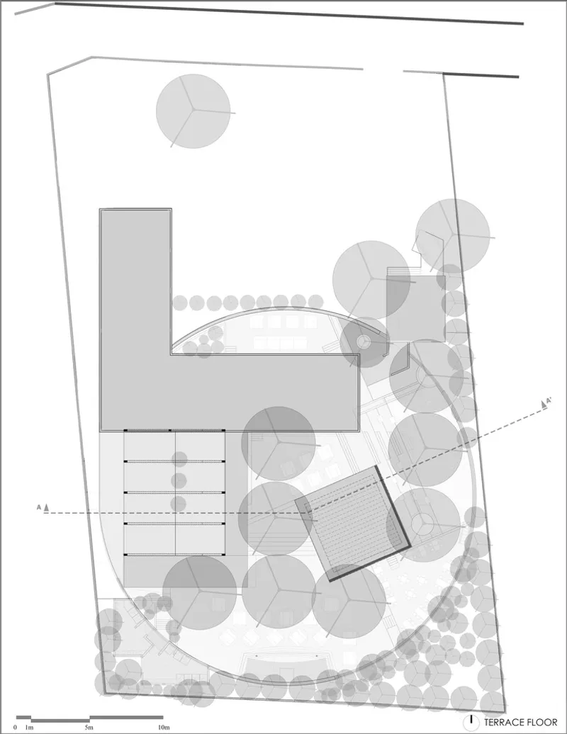 Terrace floor plan revealing a pool and outdoor spaces framed by tree circles