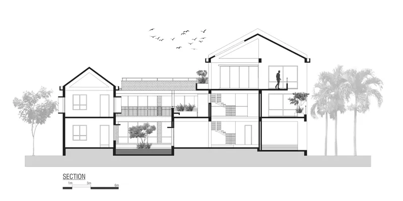 Section drawing through the two-story volumes showing internal courtyards, stairs, and pitched roofs with palm trees
