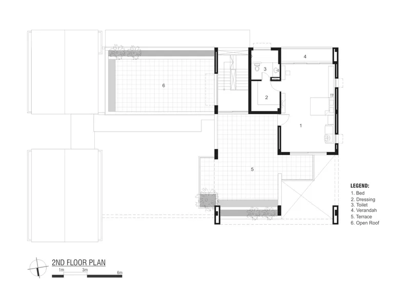Second floor plan showing two terrace zones flanking the bedroom and dressing suite with open roof areas