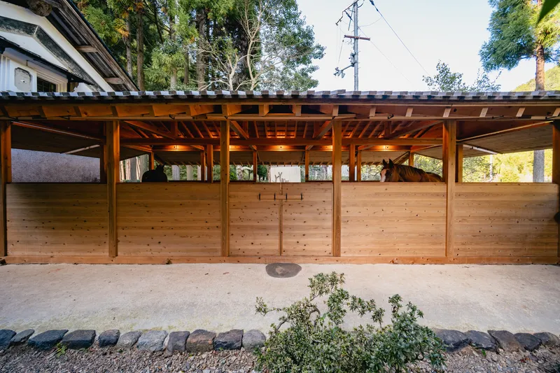 Timber-framed stable structure with horizontal wood cladding and exposed rafter ceiling in afternoon light
