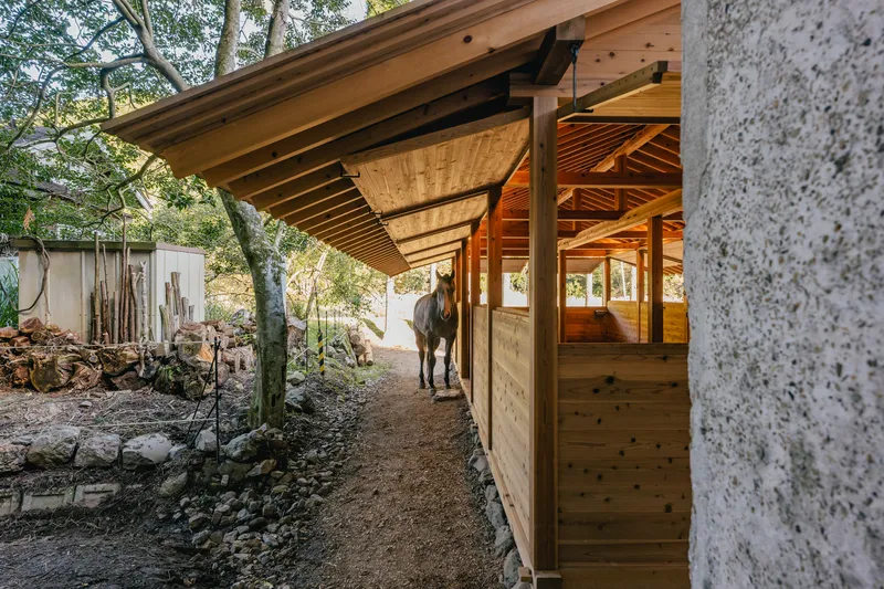 View under the cantilevered timber roof showing columns and open sides with horse standing nearby