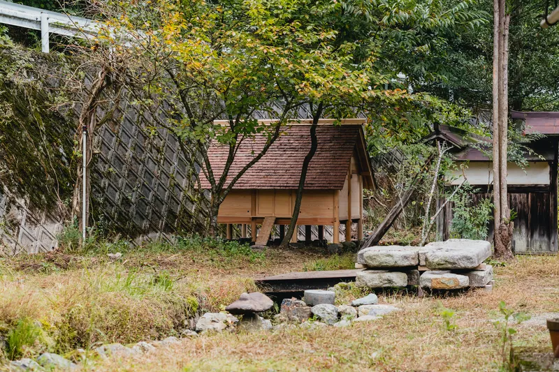 Small elevated structure with cedar shingle roof and plywood walls nestled among deciduous trees and mossy rocks