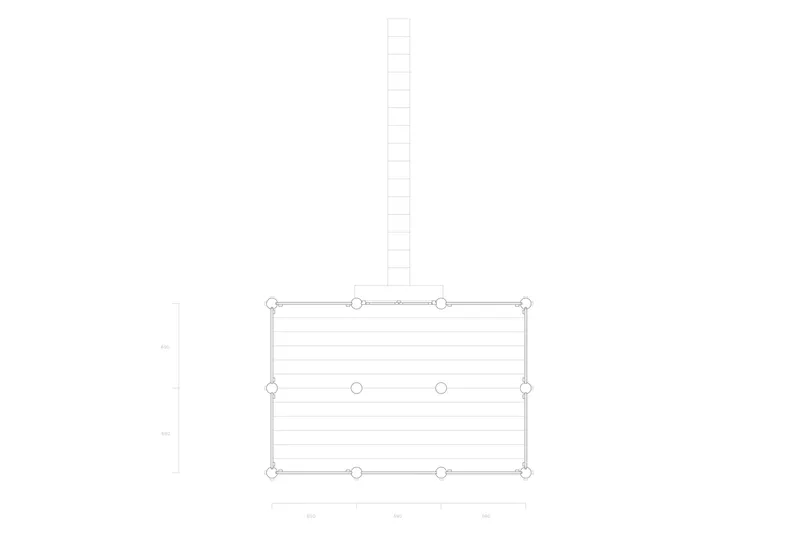 Floor plan drawing showing a rectangular volume with central chimney and corner structural points