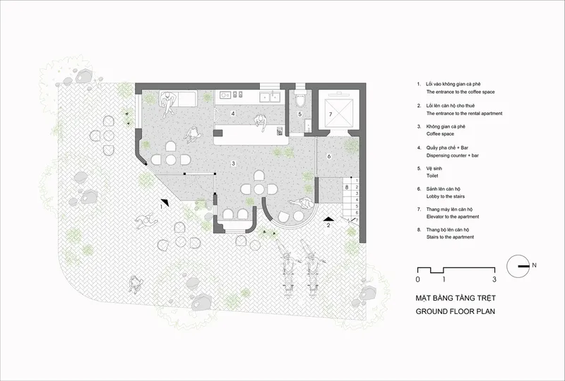 Ground floor plan drawing showing curved living spaces and courtyard with numbered legend