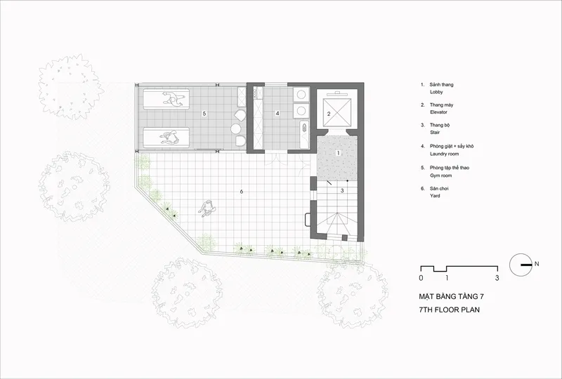 Seventh floor plan drawing depicting rooftop terrace with planted areas and exterior stair access
