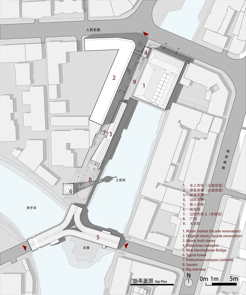 Site plan showing pedestrian bridge connecting market hall to urban square and waterfront plaza