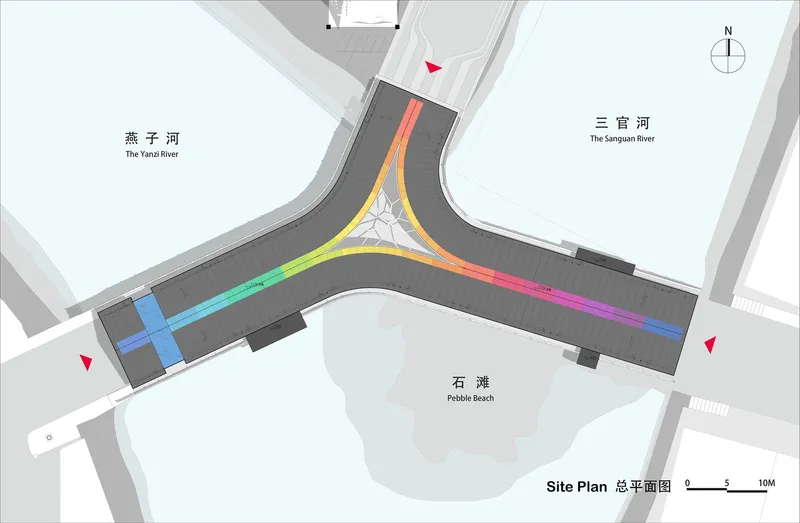 Site plan drawing showing a Y-shaped pedestrian bridge with rainbow-colored glazing spanning between two rivers