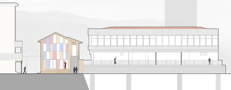 Elevation drawing showing a gabled structure with colorful glazing beside the raised colonnade building