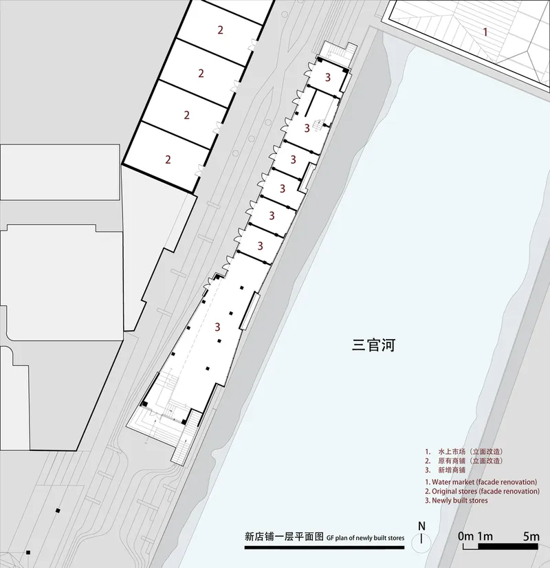Ground floor plan drawing of the linear building with repeating store units along the waterfront