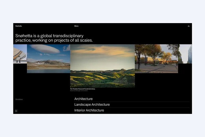 Snøhetta shows process, cross-disciplinary work, and research alongside completed projects.