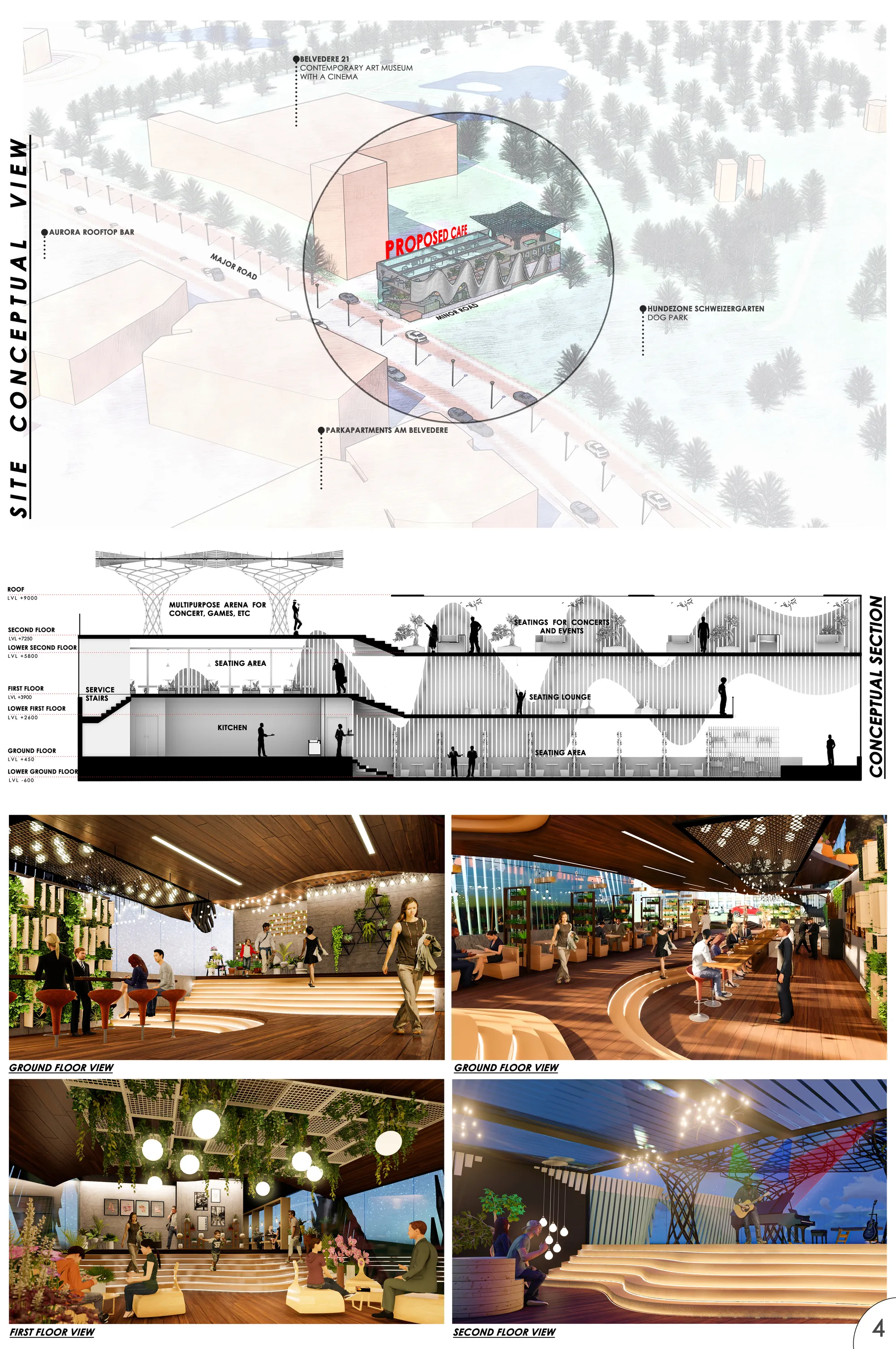CONCEPTUAL SITE VIEW, SECTION AND VIEWS