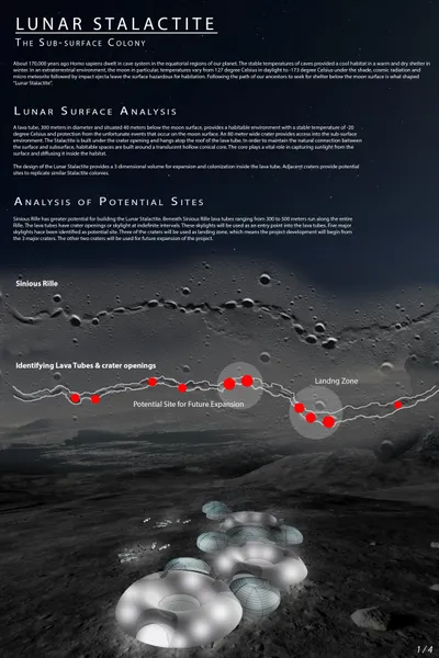 This architectural presentation board showcases a concept for a lunar subsurface colony called "Luna