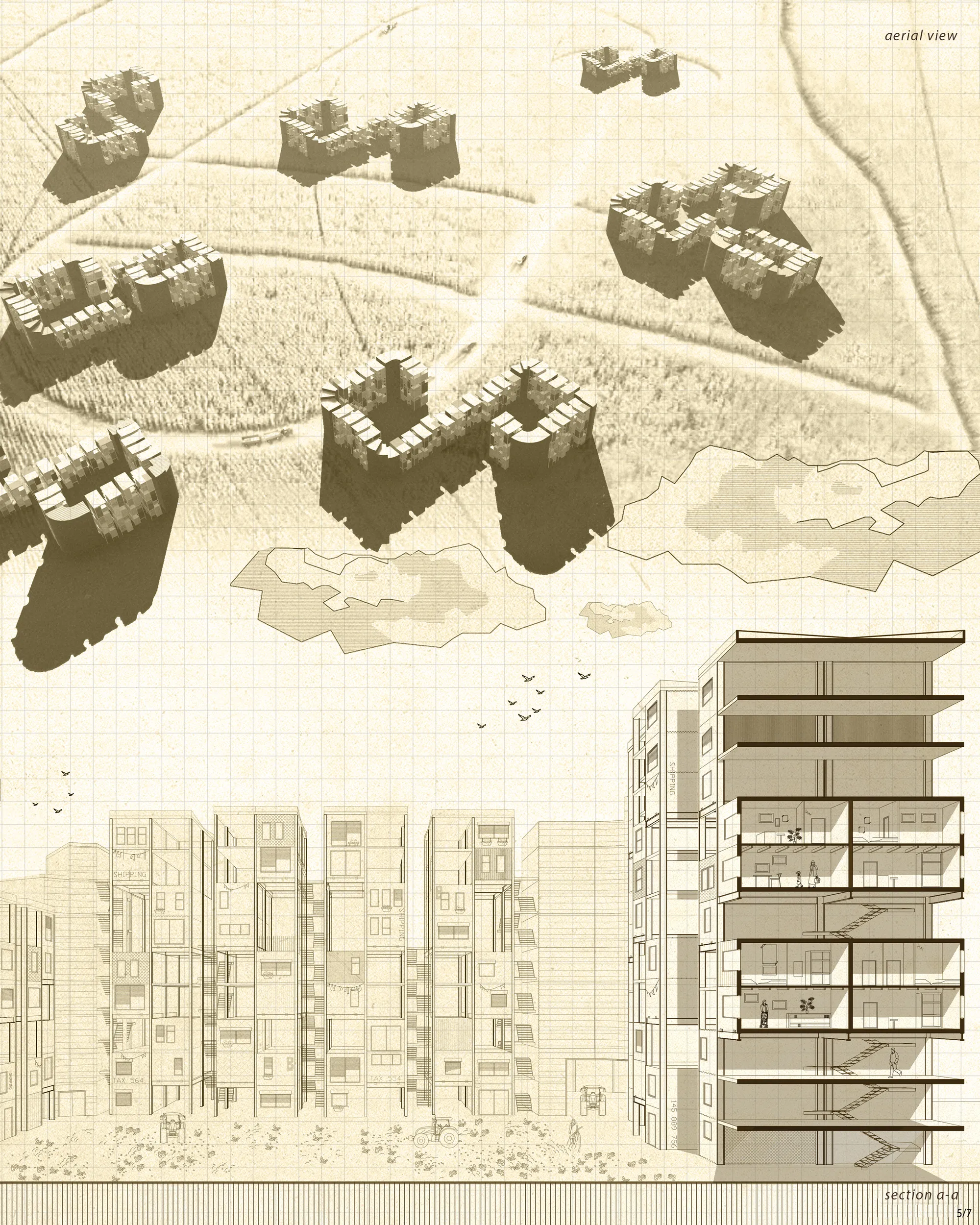 Aerial view and 3D section