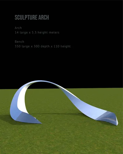 The image showcases a 3D rendering of a modern sculpture arch, accompanied by dimensions for both th