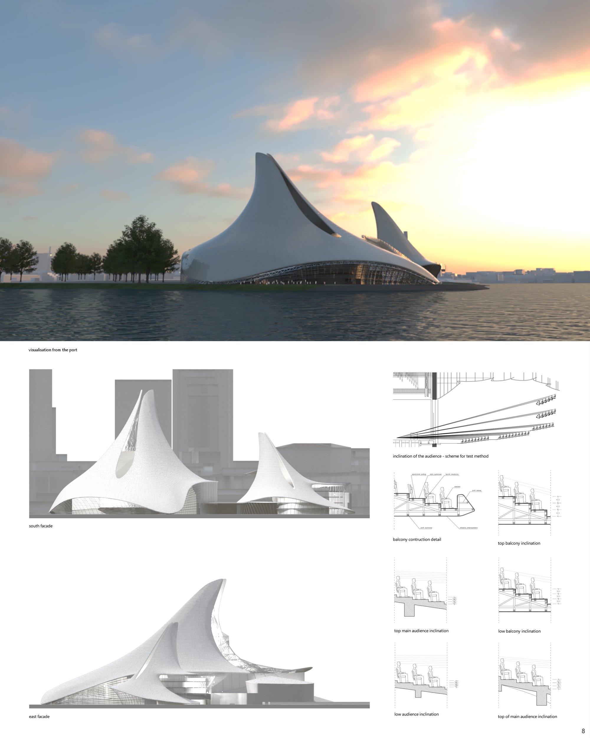 port view, facades view and audience hall details