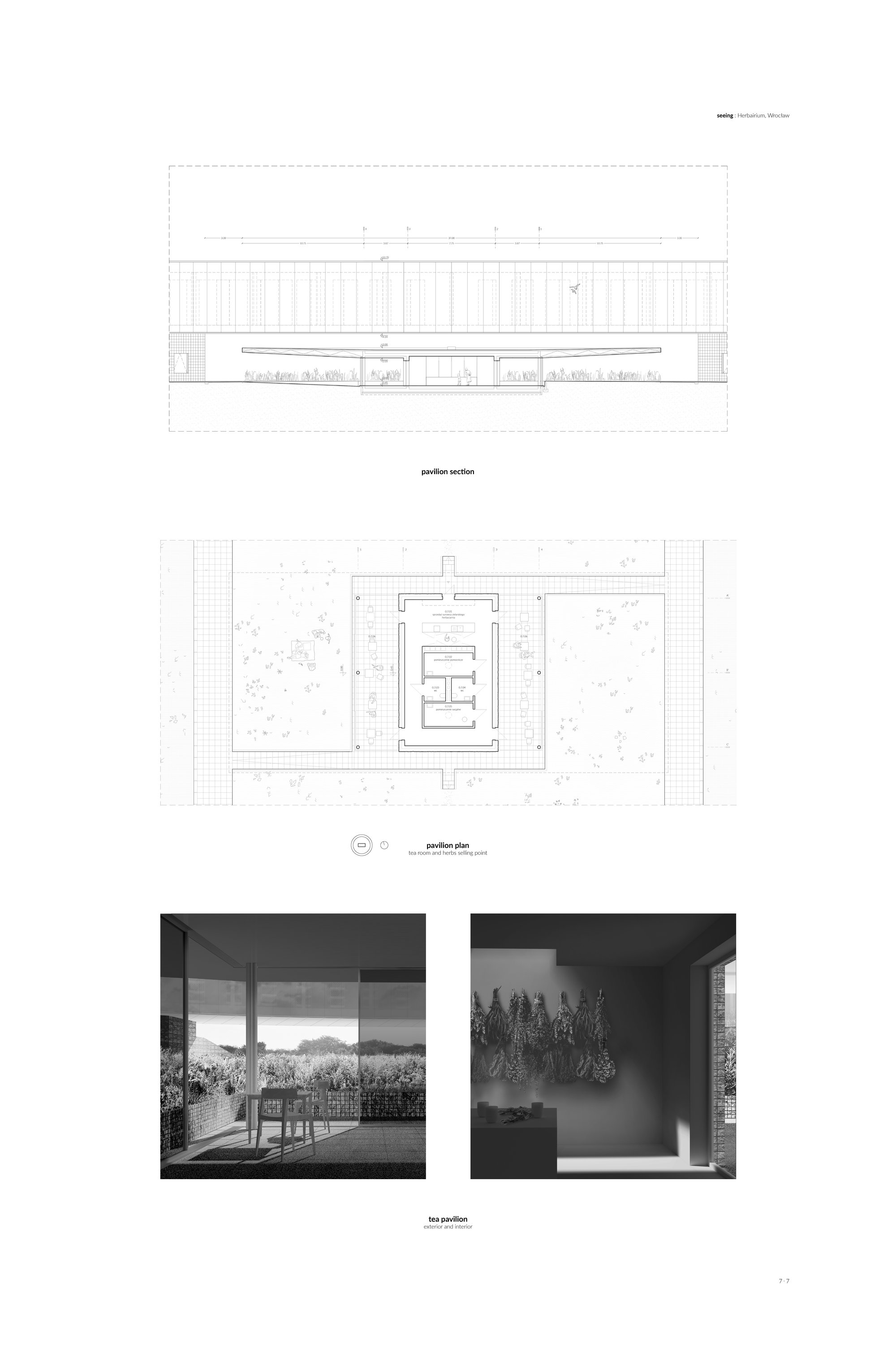 pavilion section, plan, 3d view
