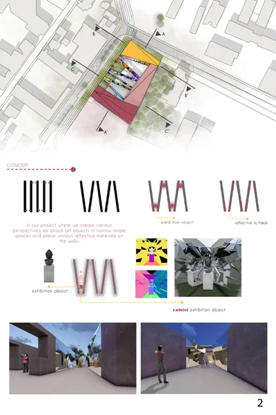 This architectural presentation board showcases a conceptual exhibition design. The design focuses o