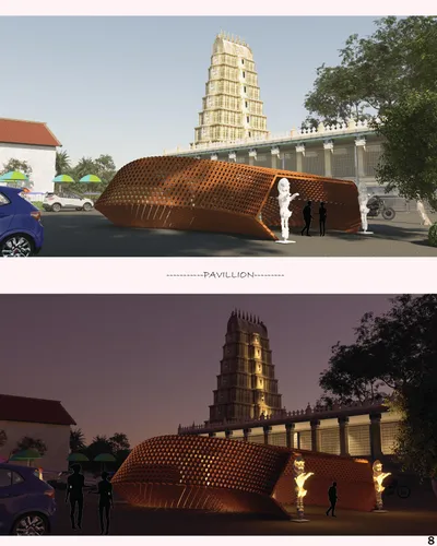 This architectural image showcases a pavilion design situated in front of a traditional temple. The 
