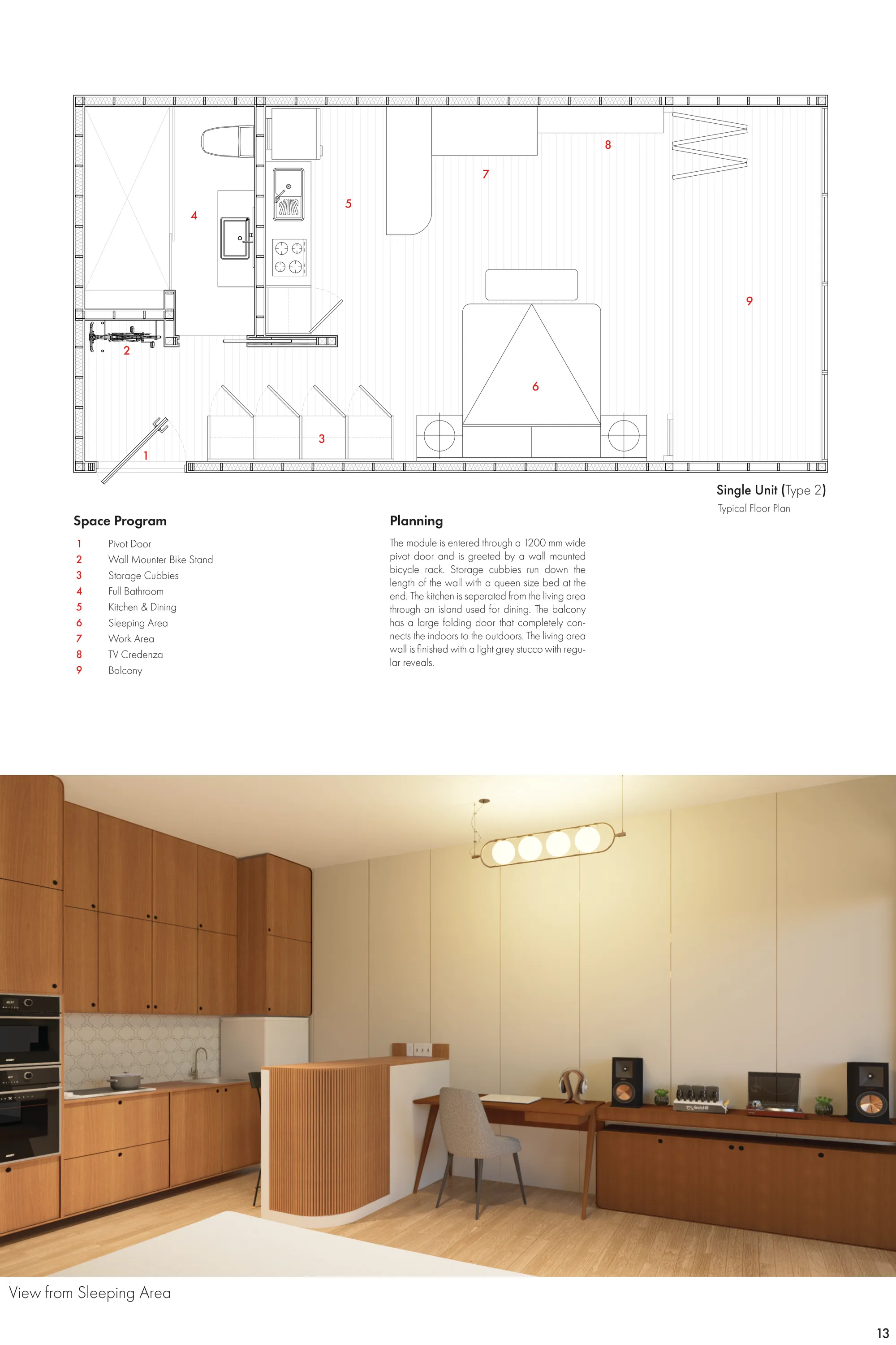 Single Unit (Type 2) Plan and Rendering