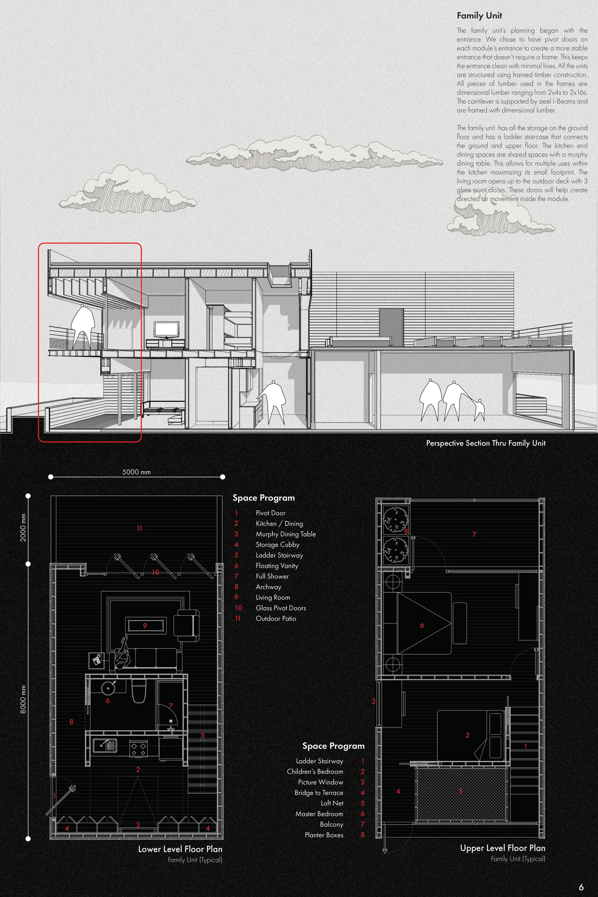 Perspective Section and Family Unit Floor Plans