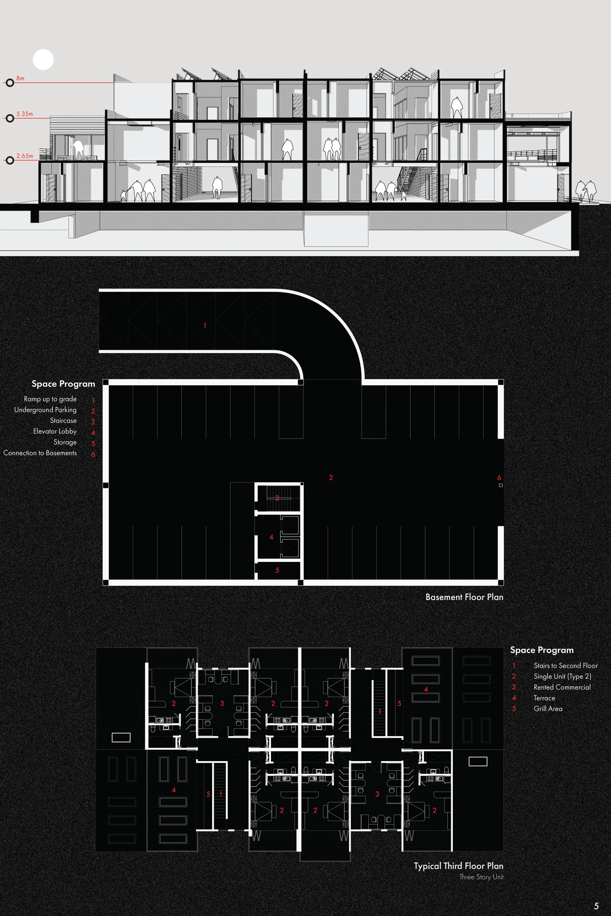 Site Section, Basement Floor Plan & 3rd Floor Plan
