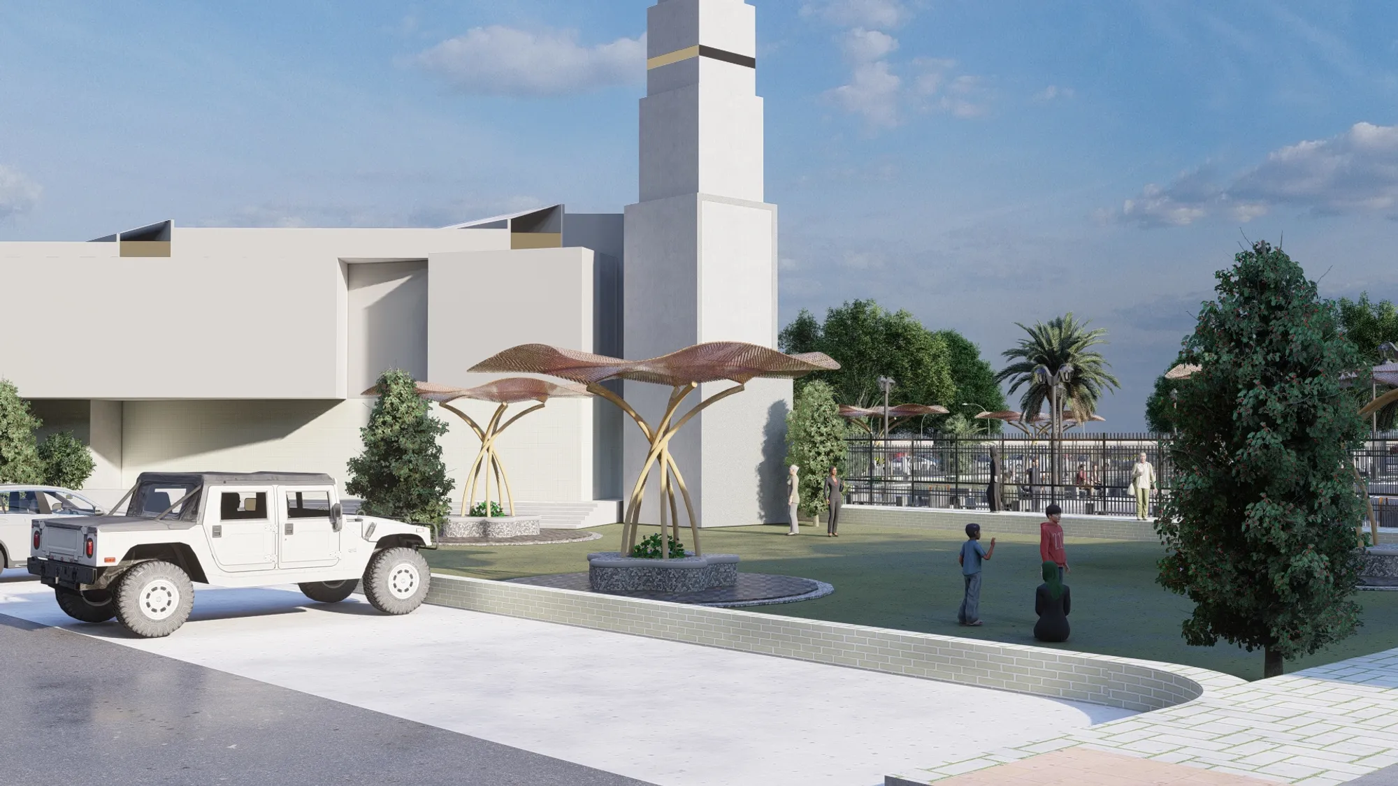 Seating canopies beside mosque