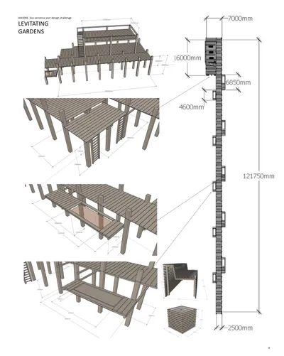 This architectural image presents a 3D render of a pier design concept called "Levitating Gardens," 