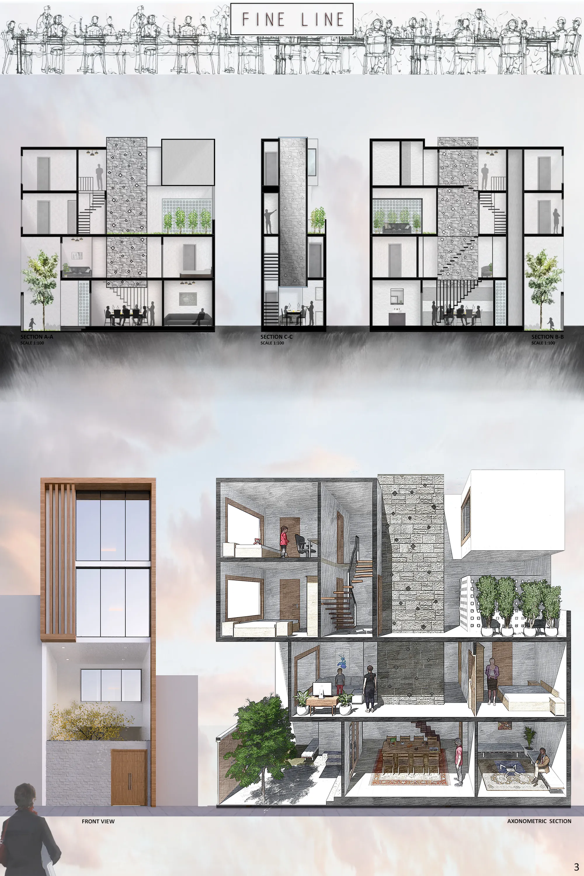 Sections & Axonometric view & Front view