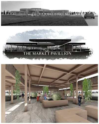 This architectural image showcases a modern market pavilion design. The pavilion features an open, a